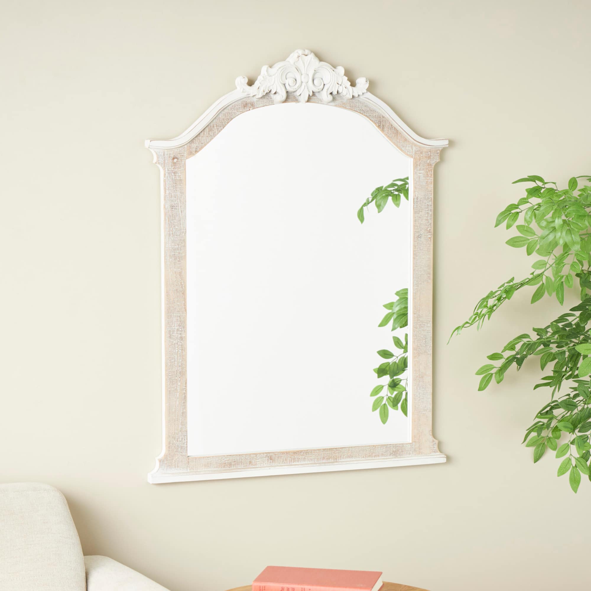 Cream Wooden Arched Scroll Room Wall Mirror with Brown Distressing
